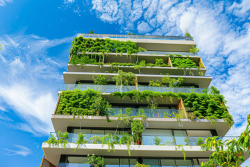 A modern apartment building, showcasing sustainable living in an urban environment, features greenery growing on the balconies against the backdrop of a blue sky.