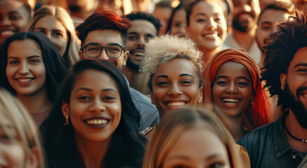 A large group of diverse people are smiling and looking at the camera, with some individuals...