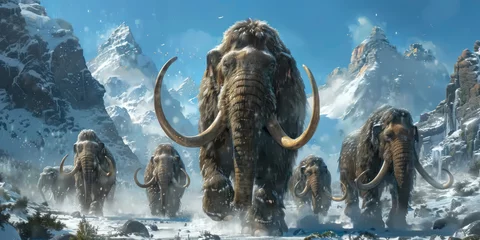 Foto op Aluminium A group of mammoths, their long tusks standing out against the snowy landscape, walk in the snow with majestic mountains and a blue sky behind them. © Duka Mer
