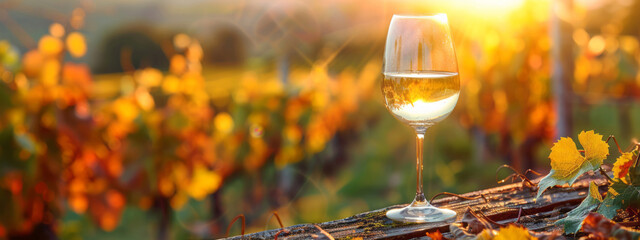 A glass of white wine on an old wooden table is set against the backdrop of vineyards and sunlight,...