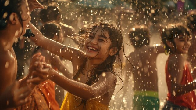 A happy scene with people dancing in the rain