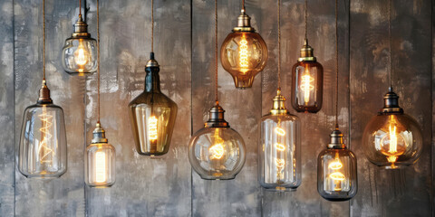 Obraz premium Vintage glass pendant lights of various shades and shapes hang from the ceiling in an industrial setting, with the illuminated light bulbs casting warm golden hues.