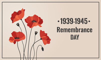 Red poppy flowers with remembrance day text on beige neutral background. Vector illustration.