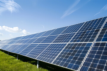 Sustainable Energy Generation: A Large Solar Photovoltaic Panel Array Against A Sky Blue Backdrop