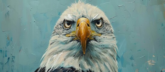 A majestic bald eagle depicted in a painting, showcasing its distinct white head and tail feathers, set against a vibrant blue backdrop