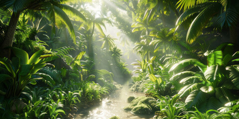 A small stream runs through a beautiful rainforest filled with tropical plants and trees, with sunlight filtering through the canopy.