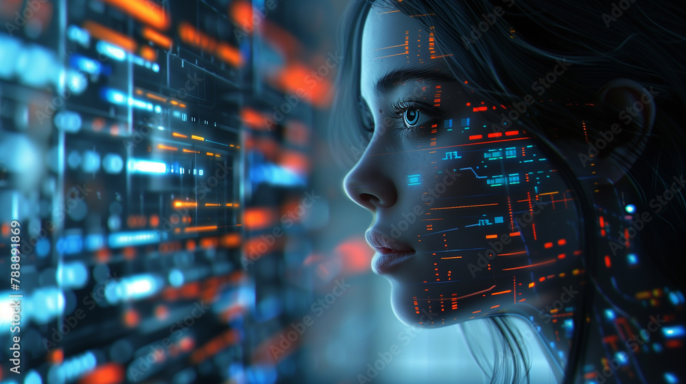 Poster a woman with a face made of computer graphics. the image is a representation of the future, and the 