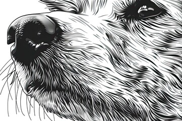 Close up dog illustration clear thick black outlines line art no missing arms no missing legs style raw vector lines