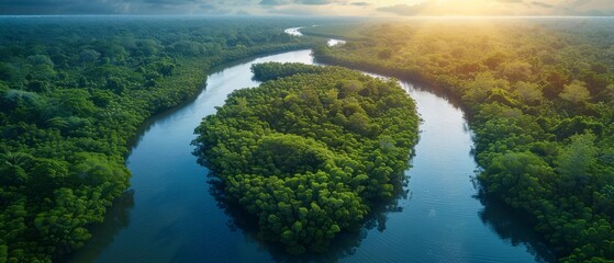 An aerial view of a mangrove forest in shallow water presents a tropical landscape with green trees, a wide river with sunlight, and a peaceful nature scene.