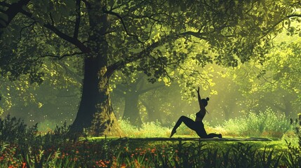 A scene of tranquility with people practicing yoga in a peaceful meadow.