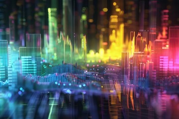 Fototapeta premium A holographic display showcases colorful sound waves and architectural blocks, symbolizing the power to create virtual systems for music production and communication.
