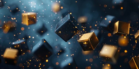 An abstract background features golden and black cubes flying in the air on a dark blue background, with glittering stars shining around, symbolizing technological innovation, business success