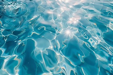 Obraz premium An abstract background of light blue water with ripples and waves depicts a water texture, with sun reflections on the surface of a clean, clear pool