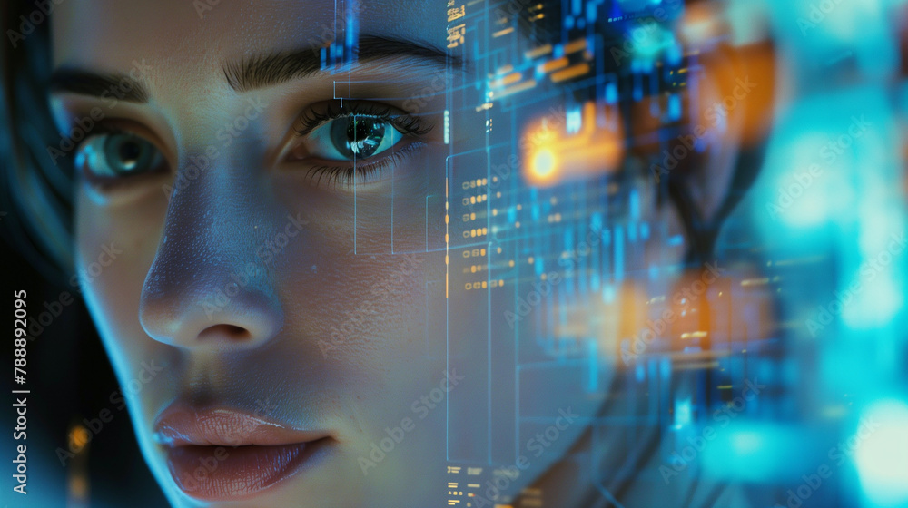 Poster a woman with a face made of computer graphics. the image is a representation of the future, and the 