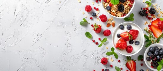 Fresh fruits served with muesli, milk, and yogurt, along with a blank space for writing.