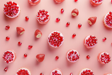 Delicious Pomegranate and Strawberry Cupcakes on Pink Background with Copy Space, Top View Flat Lay Shot