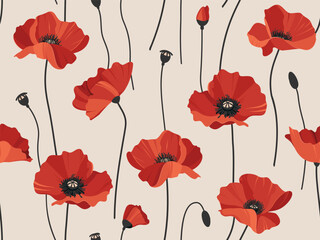Vibrant red poppies on a light beige background, creating a continuous floral pattern. Modern seamless print.