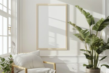 Scandinavian style living room with poster mockup created with generative ai