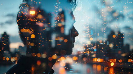 Profile of a man with a double exposure of city lights, representing business success against an evening sky. Business man and skyline of city. Double Exposure of Cityscape and Man Using Mobile Phone.