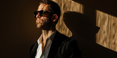 Obraz premium portrait of an attractive man in his late thirties with short beard and sunglasses, generative AI