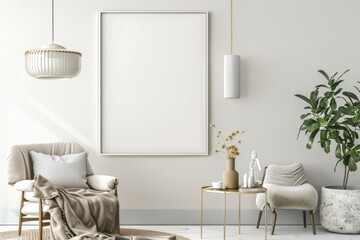 Scandinavian style living room with poster mockup created with generative ai