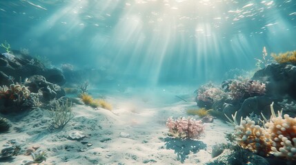Obraz premium Realistic seabed with coral reef, dynamic landscape, vivid colors, desert shore, seaweed.