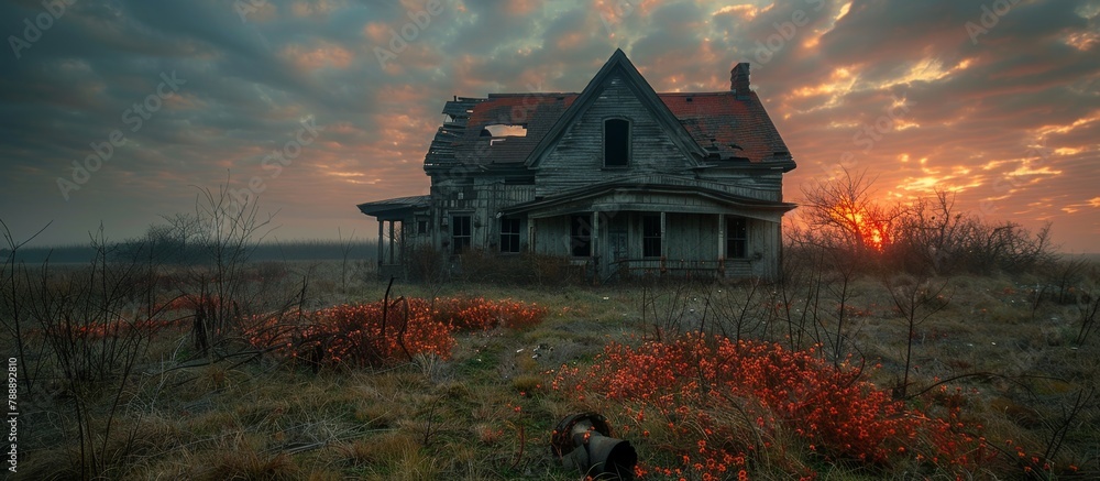 Poster a rustic house nestled in a vast green field with a loyal dog standing in front of it