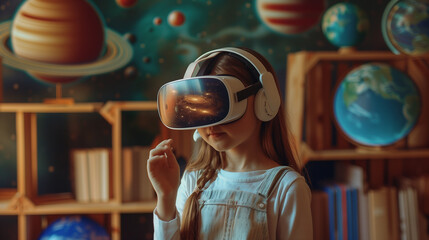 A young girl with blonde hair is wearing a virtual reality headset and looking at a wall of planets - obrazy, fototapety, plakaty