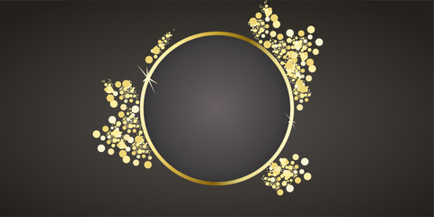 Golden sparkling ring with golden glitter isolated on black background. Vector golden frame.