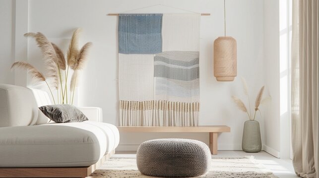 A larger more abstract woven wall hanging takes center stage in the fifth image. The piece blends shades of white gray and pastel blue in a minimalist pattern. The light and airy design .