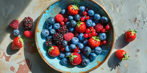 Assorted fresh berries in a blue bowl on a rustic wooden table, including blueberries, raspberries and blackberries