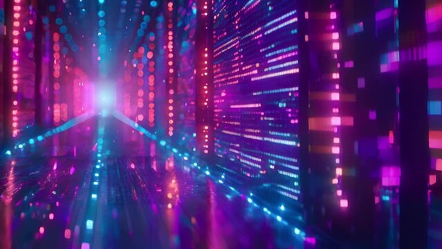 Binary code flowing through a futuristic technological tunnel.