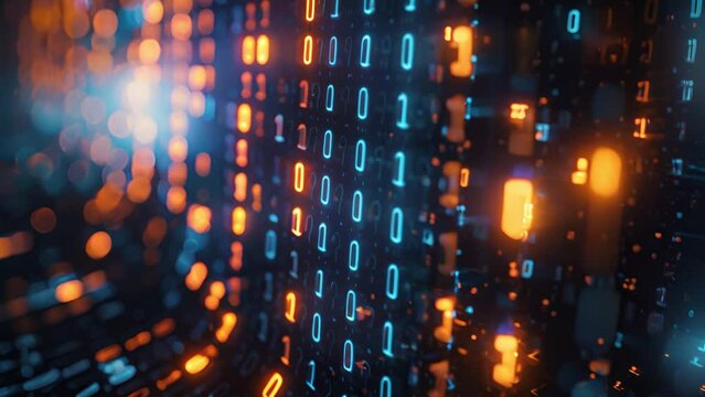 Binary code on a dark blue background with a warm orange glow.