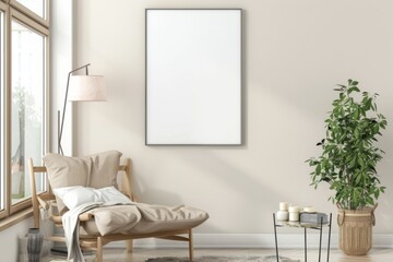 Scandinavian style living room with poster mockup created with generative ai