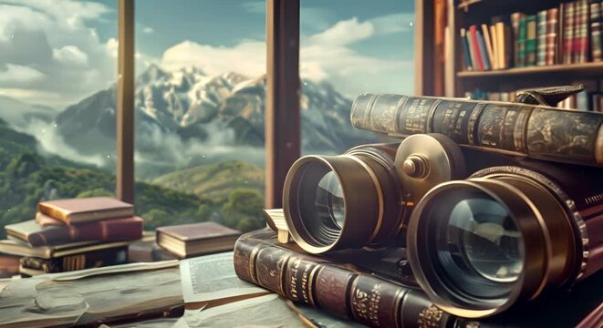 3D binoculars overlooking a landscape of books, the search for knowledge