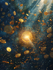 Spiritual Journey: Illuminated Galaxy Vortex with Glowing Gold Coins