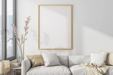 Scandinavian style living room with poster mockup created with generative ai