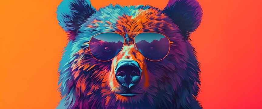 Birthday bear wearing aviator glasses, vibrant flat colored background