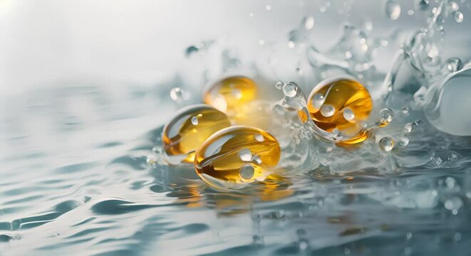 Omega-3 fish oil capsules with a splash of water, symbolizing skin nourishment