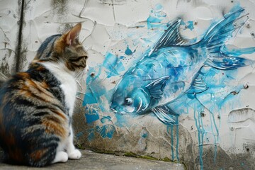 a cat painting blue fish on the wall