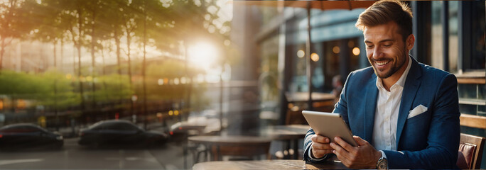 A business man with a laptop or tablet works in a cafe on the street near modern business buildings. Banner