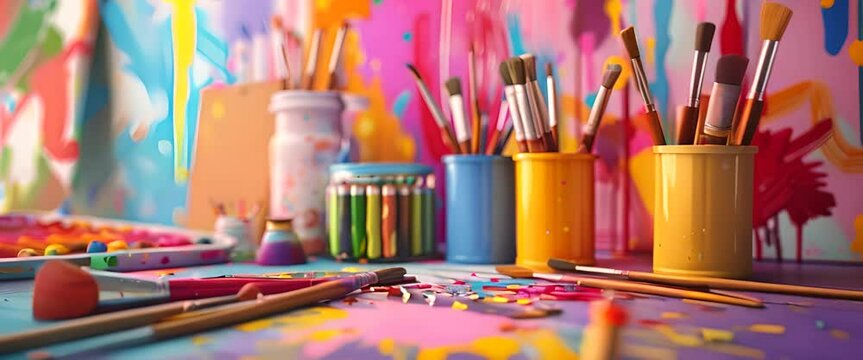 Colorful art supplies and a digital canvas, representing arts education