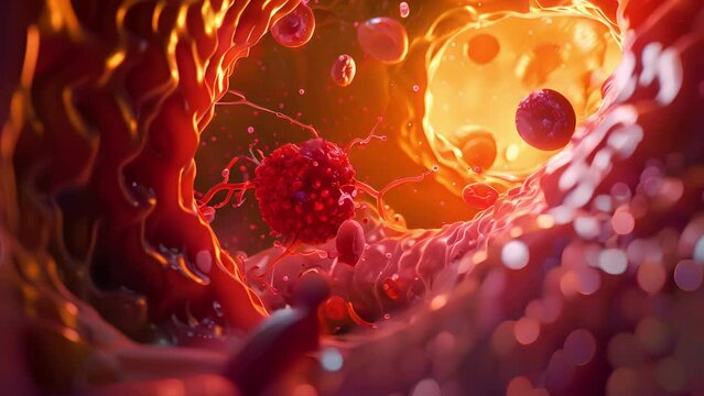 microbiology, Fat hyperlipidemia or arteriosclerosis hemoglobin red blood vessel cell micro microscope inside interior human body. Embolism and cholesterol and intestinal tumors