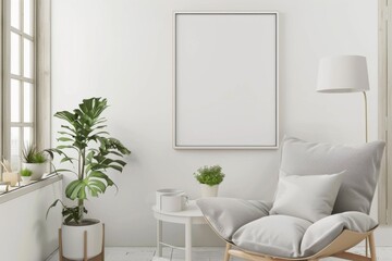 Scandinavian style living room with poster mockup created with generative ai