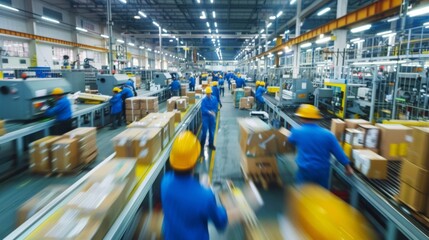As the camera zooms out a defocused background image of BlueCollar Heroes Workers at the Forefront captures the essence of a bustling factory floor. The workers are a blur of movement .