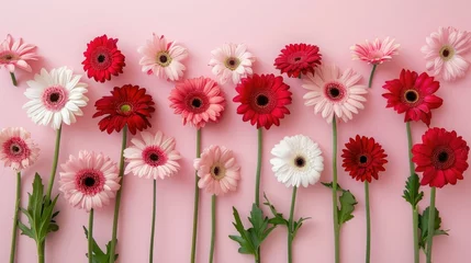 Foto op Plexiglas A lovely spring or summer greeting card idea featuring a delightful arrangement of red pink and white gerbera flowers set against a soft pastel pink backdrop Perfect for occasions like Vale © 2rogan