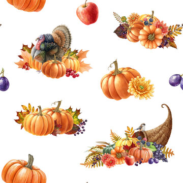 Thanksgiving decor elements seamless pattern. Watercolor illustration. Autumn floral festive decor from cornucopia, pumpkin, fallen leaves, fruit, turkey. Thanksgiving vintage style seamless pattern