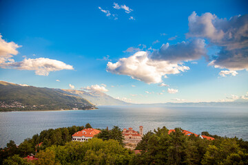 Lake Ohrid, a lake which straddles the mountainous border between the southwestern part of North...