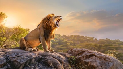 Majestic Lion Roaring Proudly at Sunset
