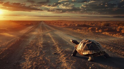Aged Tortoise Wanderer in Desert - Sunrise Polarized Photography.